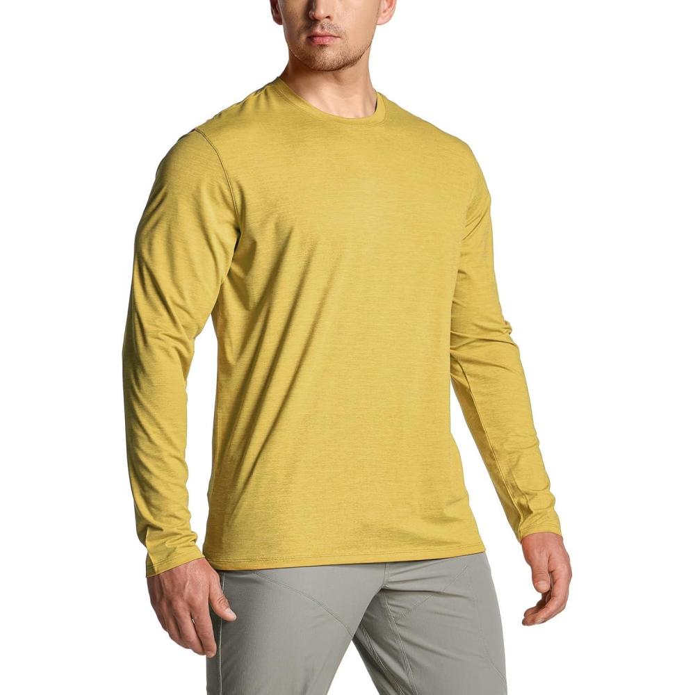 imageCQR Mens UPF 50 Sun Protection Long Sleeve Quick Dry Athletic Shirts Stretch Running Workout Hiking TShirtsBasic Desert Yellow