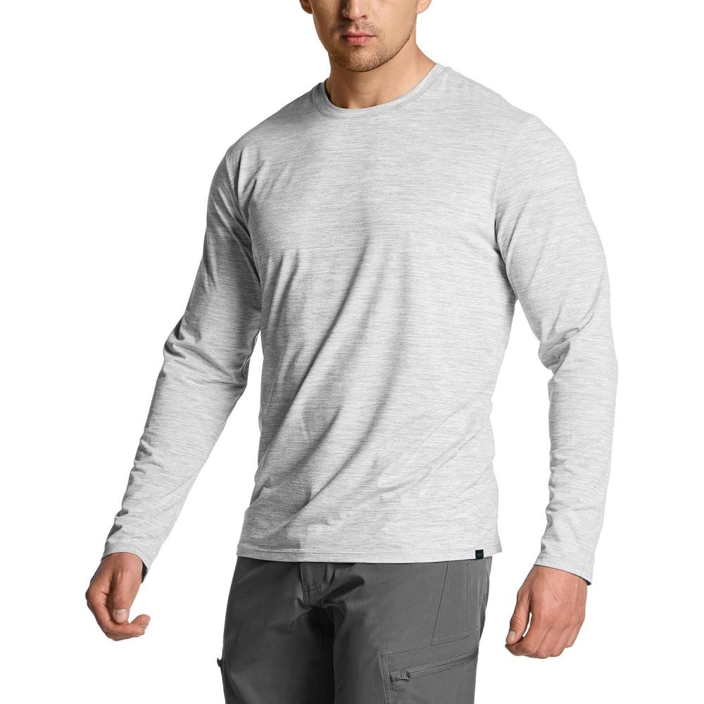 imageCQR Mens UPF 50 Sun Protection Long Sleeve Quick Dry Athletic Shirts Stretch Running Workout Hiking TShirtsBasic Light Grey