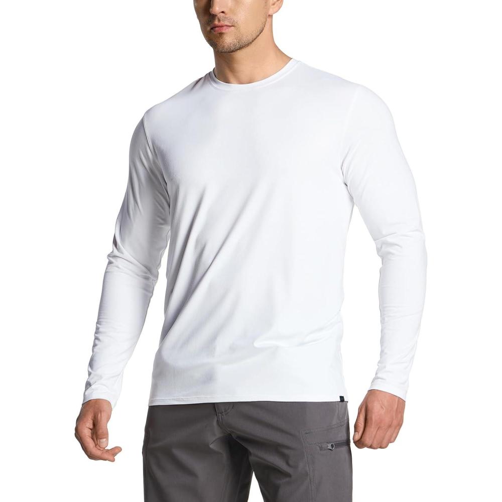 imageCQR Mens UPF 50 Sun Protection Long Sleeve Quick Dry Athletic Shirts Stretch Running Workout Hiking TShirtsBasic White