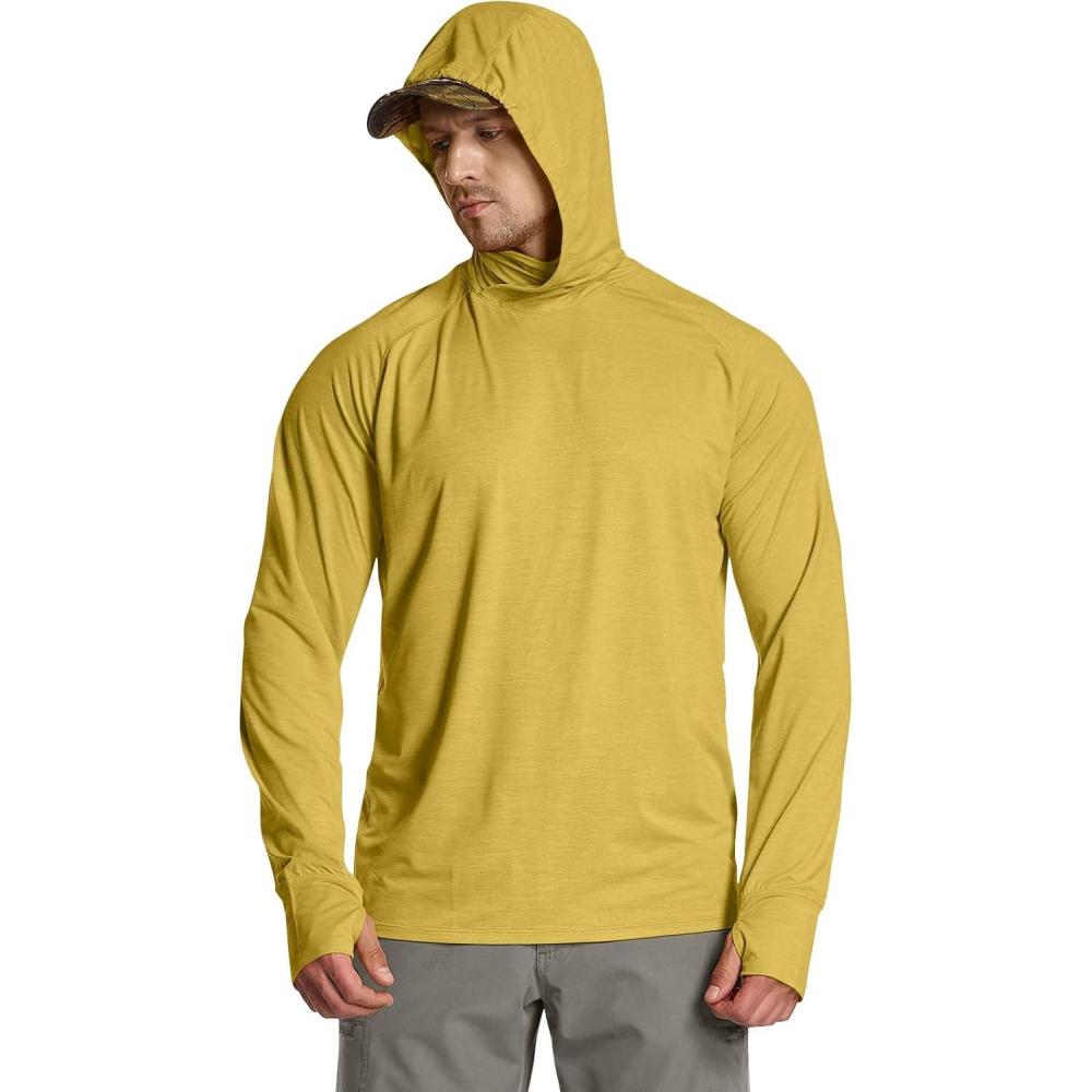 imageCQR Mens UPF 50 Sun Protection Long Sleeve Quick Dry Athletic Shirts Stretch Running Workout Hiking TShirtsProtector Hoodie Desert Yellow