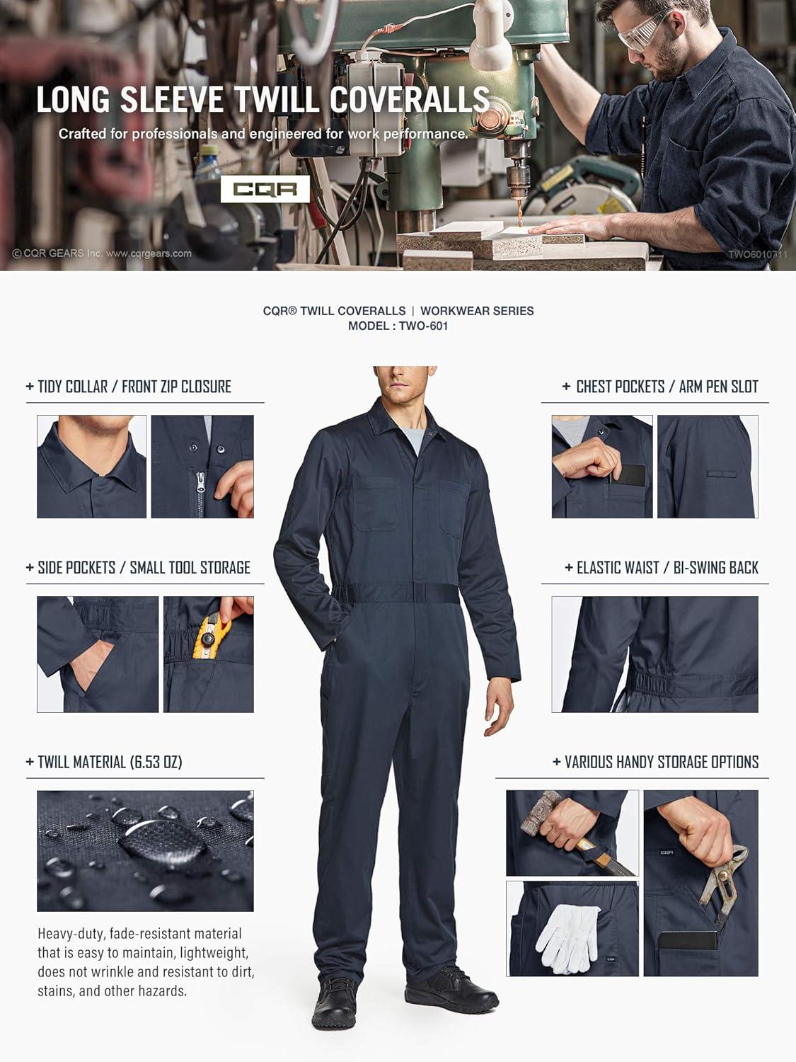 imageCQR Mens ZipFront Coverall Twill Stain ampamp Wrinkle Resistant Work Coverall Action Back Jumpsuit with Multi PocketsTwill Long Sleeve Brown