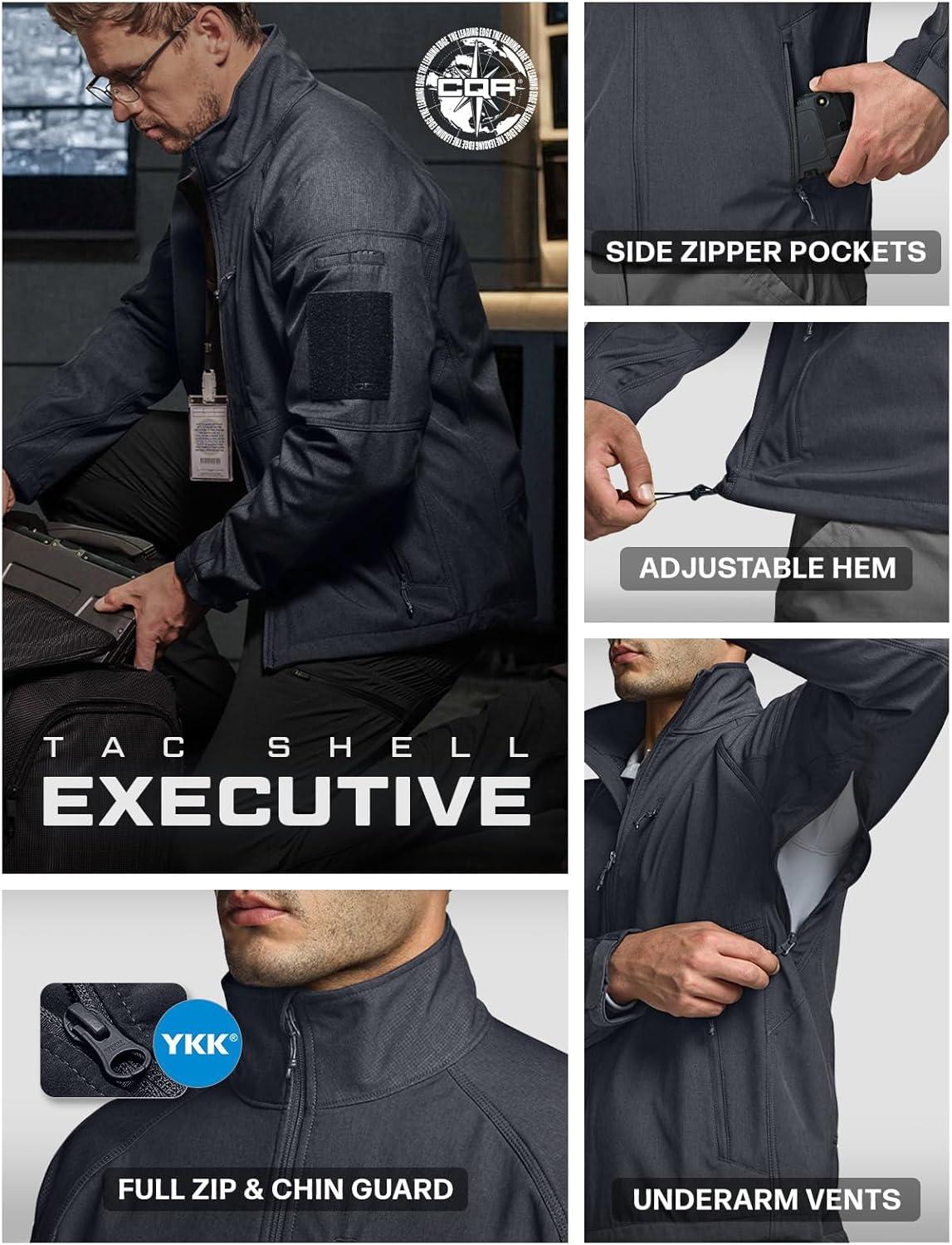 imageCQR Mens Water Resistant Tactical Softshell Jacket Fleece Lined High Neck Full Zip Wind Rain Hiking Hunting Winter OutdoorOperator X Dark Grey