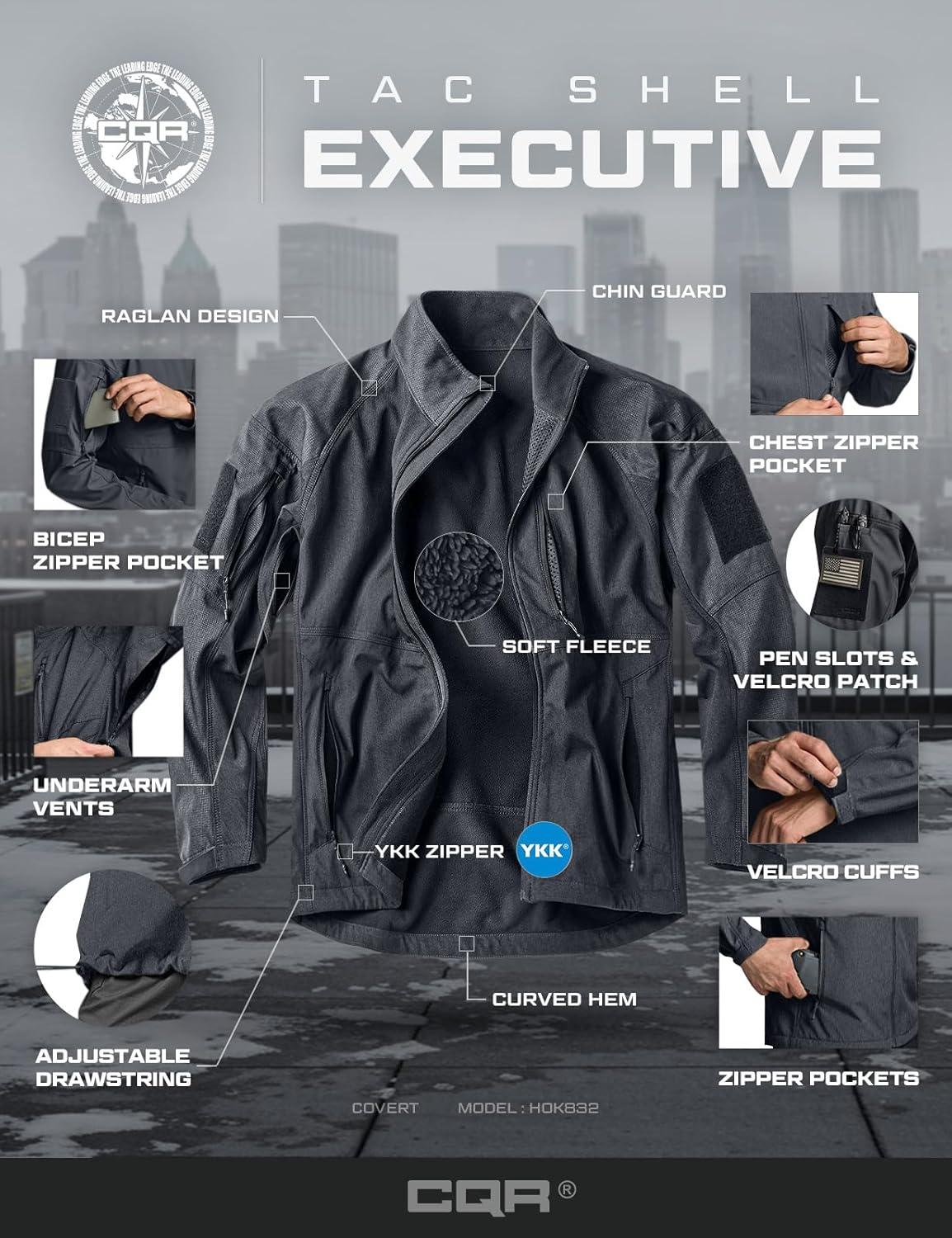 imageCQR Mens Water Resistant Tactical Softshell Jacket Fleece Lined High Neck Full Zip Wind Rain Hiking Hunting Winter OutdoorOperator X Dark Grey