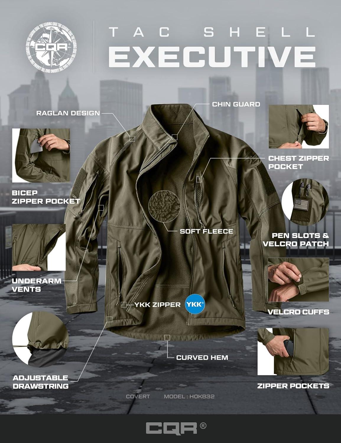 imageCQR Mens Water Resistant Tactical Softshell Jacket Fleece Lined High Neck Full Zip Wind Rain Hiking Hunting Winter OutdoorOperator X Soil Green