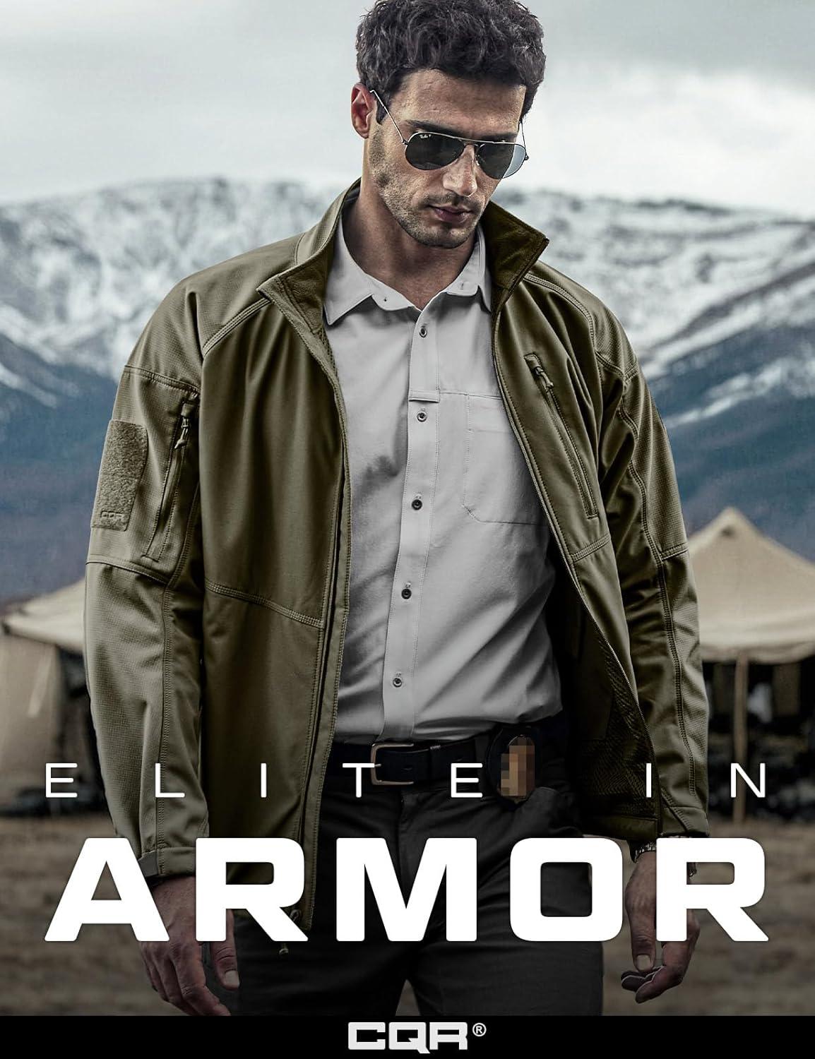 imageCQR Mens Water Resistant Tactical Softshell Jacket Fleece Lined High Neck Full Zip Wind Rain Hiking Hunting Winter OutdoorOperator X Soil Green