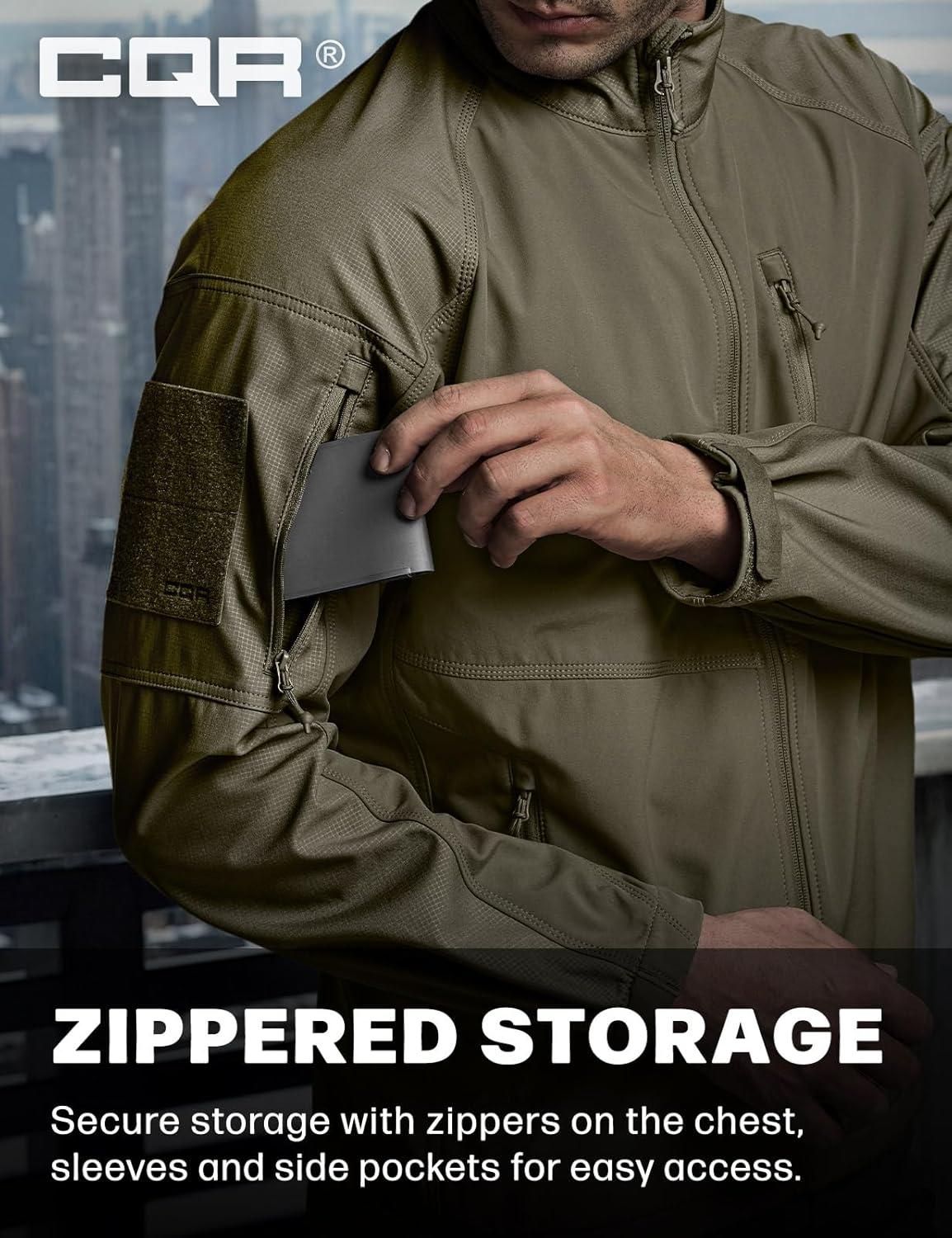 imageCQR Mens Water Resistant Tactical Softshell Jacket Fleece Lined High Neck Full Zip Wind Rain Hiking Hunting Winter OutdoorOperator X Soil Green