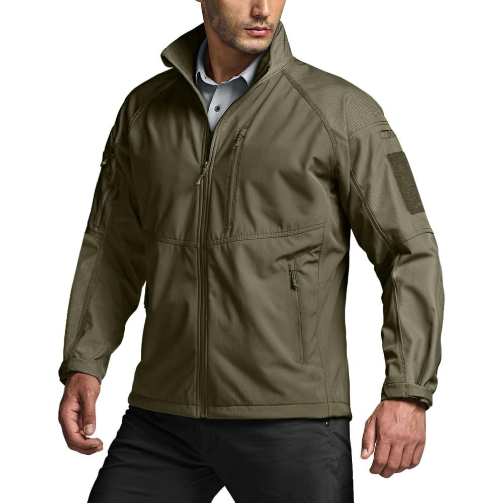 imageCQR Mens Water Resistant Tactical Softshell Jacket Fleece Lined High Neck Full Zip Wind Rain Hiking Hunting Winter OutdoorOperator X Soil Green