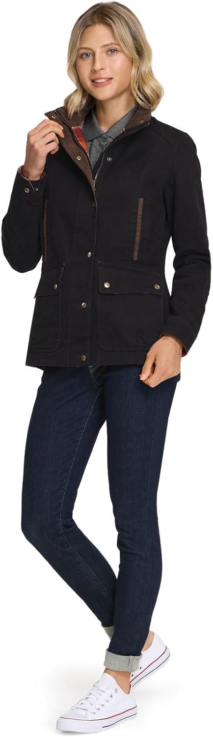 imageCQR Womens Twill All Cotton Flannel Shirt Jacket Soft Long Sleeve Shirts Corduroy Lined Outdoor Shirt JacketsTwill Field Jacket Black Orange