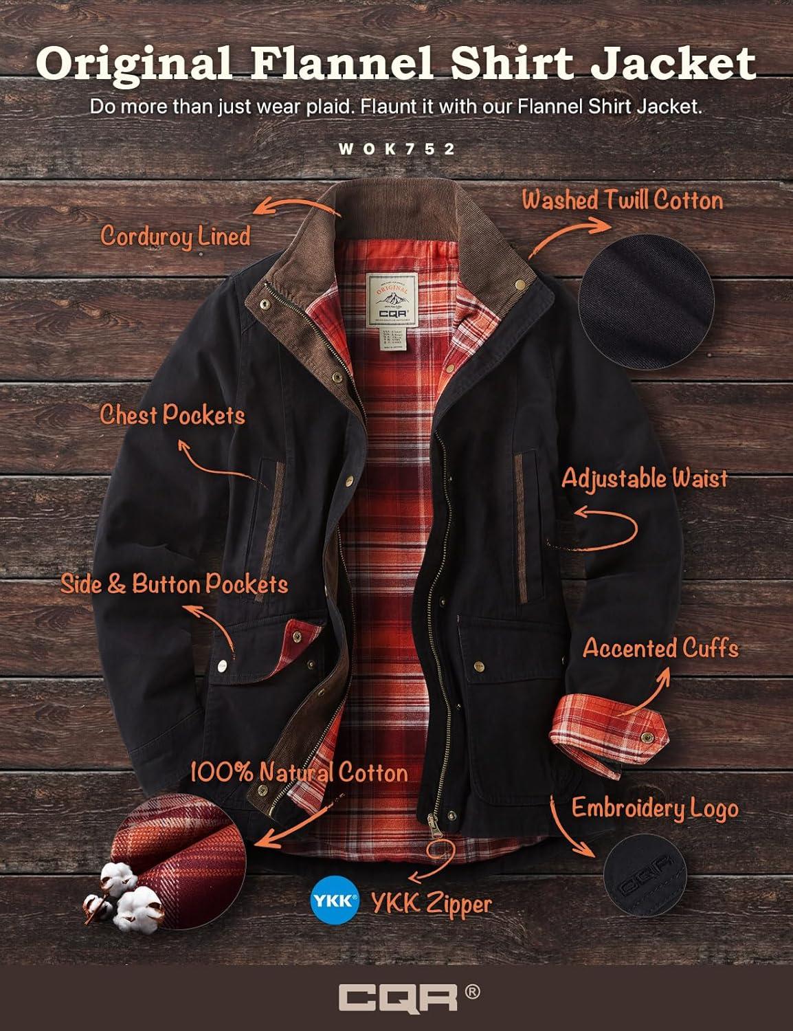 imageCQR Womens Twill All Cotton Flannel Shirt Jacket Soft Long Sleeve Shirts Corduroy Lined Outdoor Shirt JacketsTwill Field Jacket Black Orange