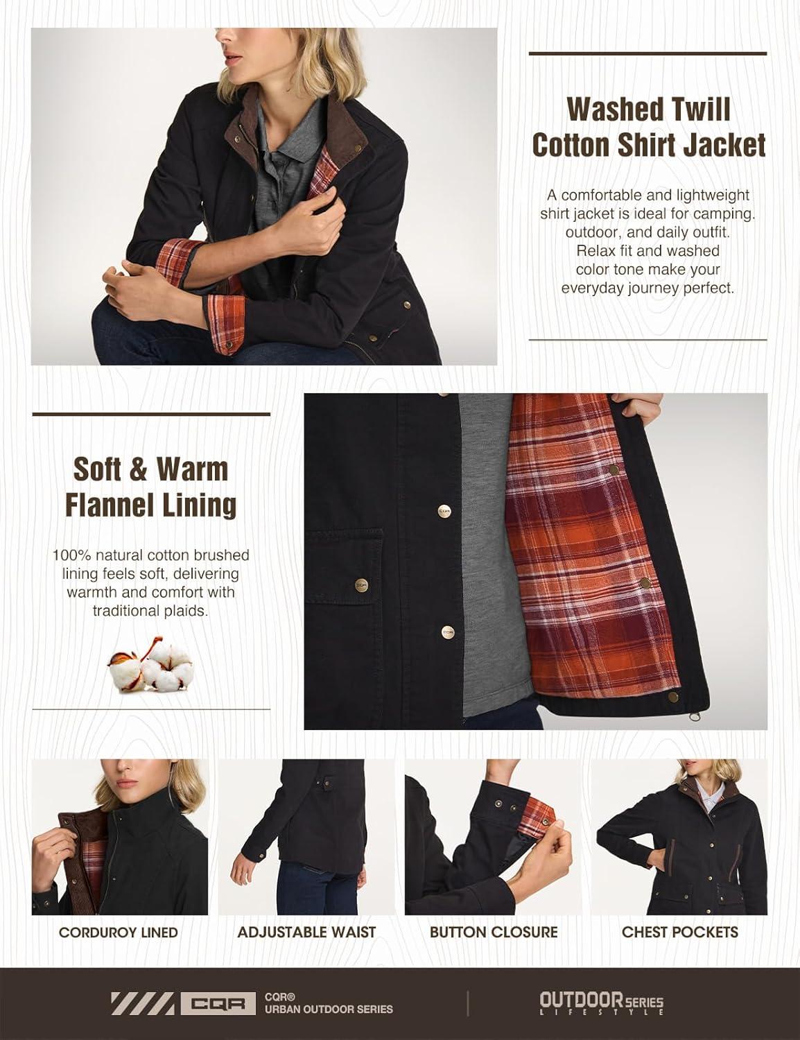 imageCQR Womens Twill All Cotton Flannel Shirt Jacket Soft Long Sleeve Shirts Corduroy Lined Outdoor Shirt JacketsTwill Field Jacket Black Orange