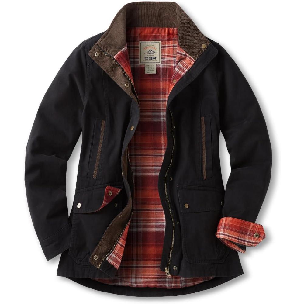 imageCQR Womens Twill All Cotton Flannel Shirt Jacket Soft Long Sleeve Shirts Corduroy Lined Outdoor Shirt JacketsTwill Field Jacket Black Orange