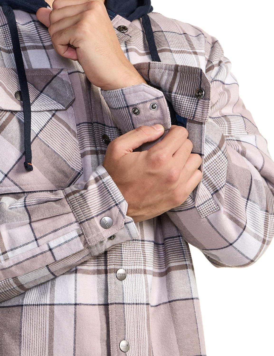 imageCQR Mens Flannel Shirt Jacket Long Sleeve Winter Warm Outdoor Casual Plaid Jacket Coat with PocketsHoodie Basic Cloudy Home