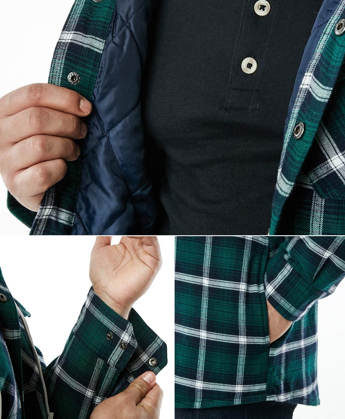 imageCQR Mens Flannel Shirt Jacket Long Sleeve Winter Warm Outdoor Casual Plaid Jacket Coat with PocketsHoodie Basic Green Ombre
