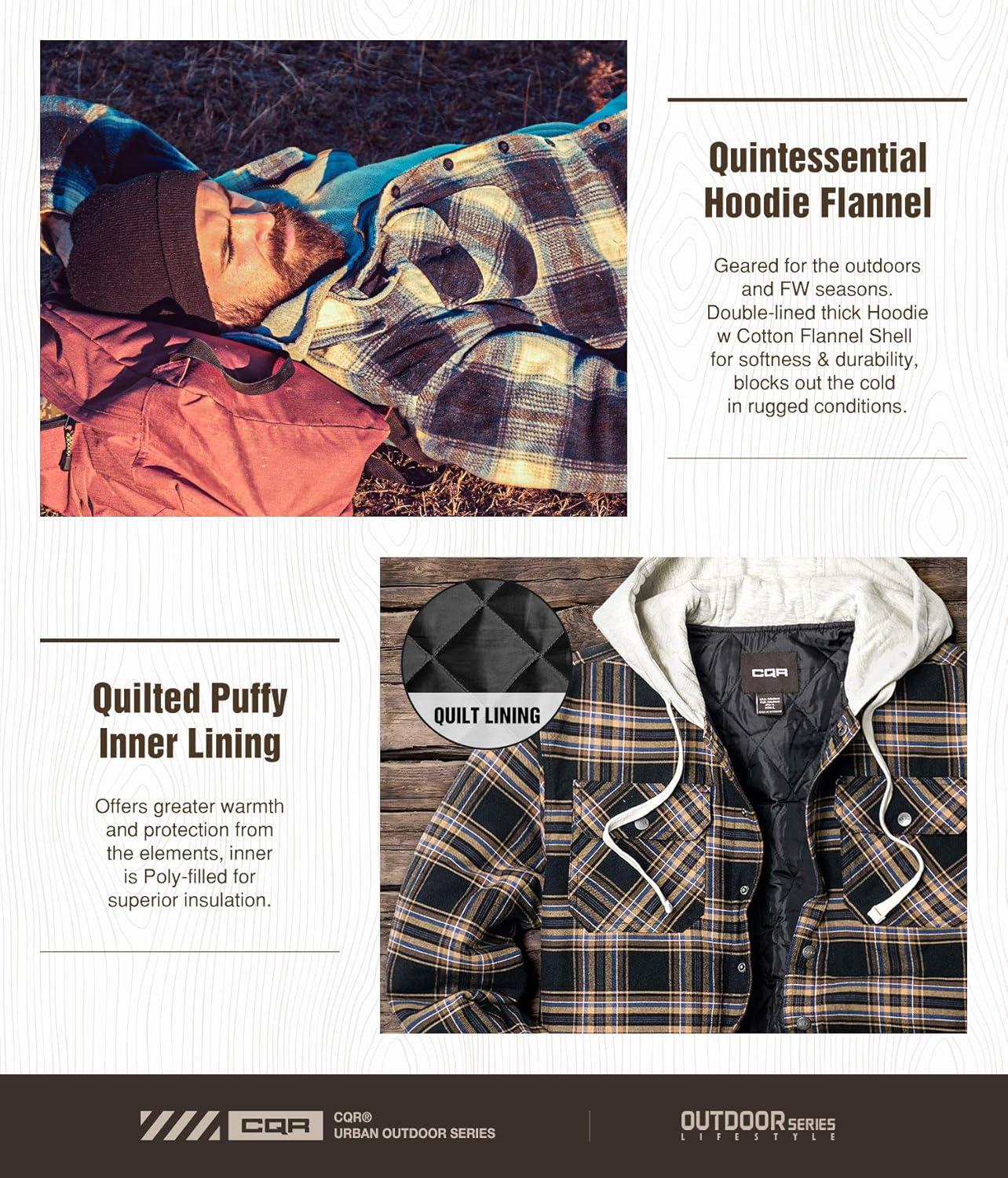 imageCQR Mens Flannel Shirt Jacket Long Sleeve Winter Warm Outdoor Casual Plaid Jacket Coat with PocketsHoodie Basic Green Ombre