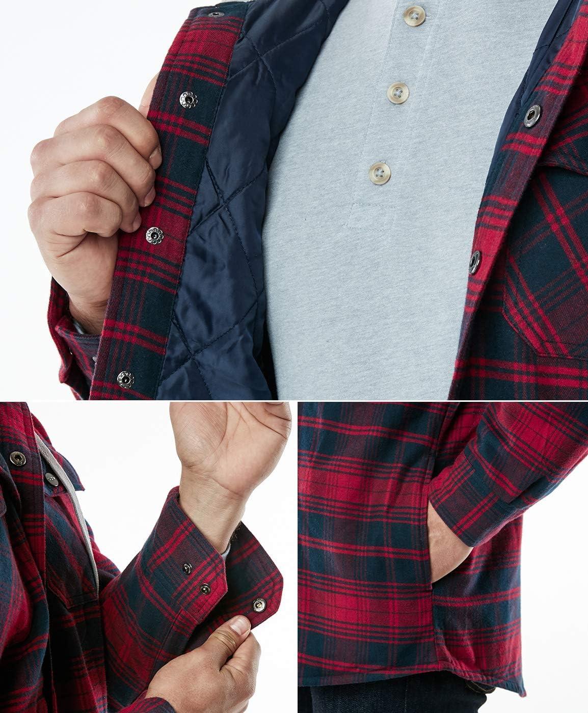 imageCQR Mens Flannel Shirt Jacket Long Sleeve Winter Warm Outdoor Casual Plaid Jacket Coat with PocketsHoodie Basic Red Navy