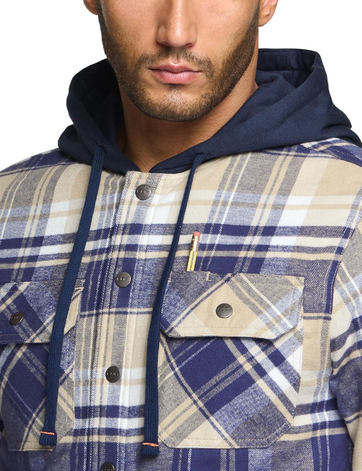 imageCQR Mens Flannel Shirt Jacket Long Sleeve Winter Warm Outdoor Casual Plaid Jacket Coat with PocketsHoodie Basic Sedimentary Blue