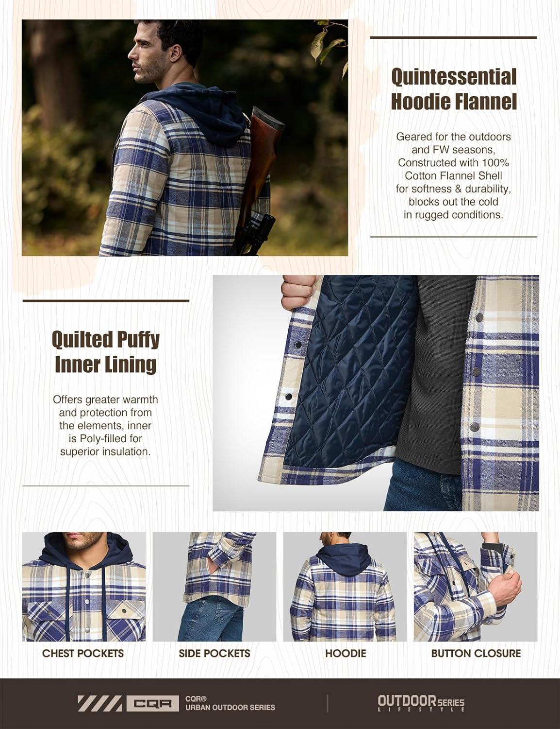 imageCQR Mens Flannel Shirt Jacket Long Sleeve Winter Warm Outdoor Casual Plaid Jacket Coat with PocketsHoodie Basic Sedimentary Blue