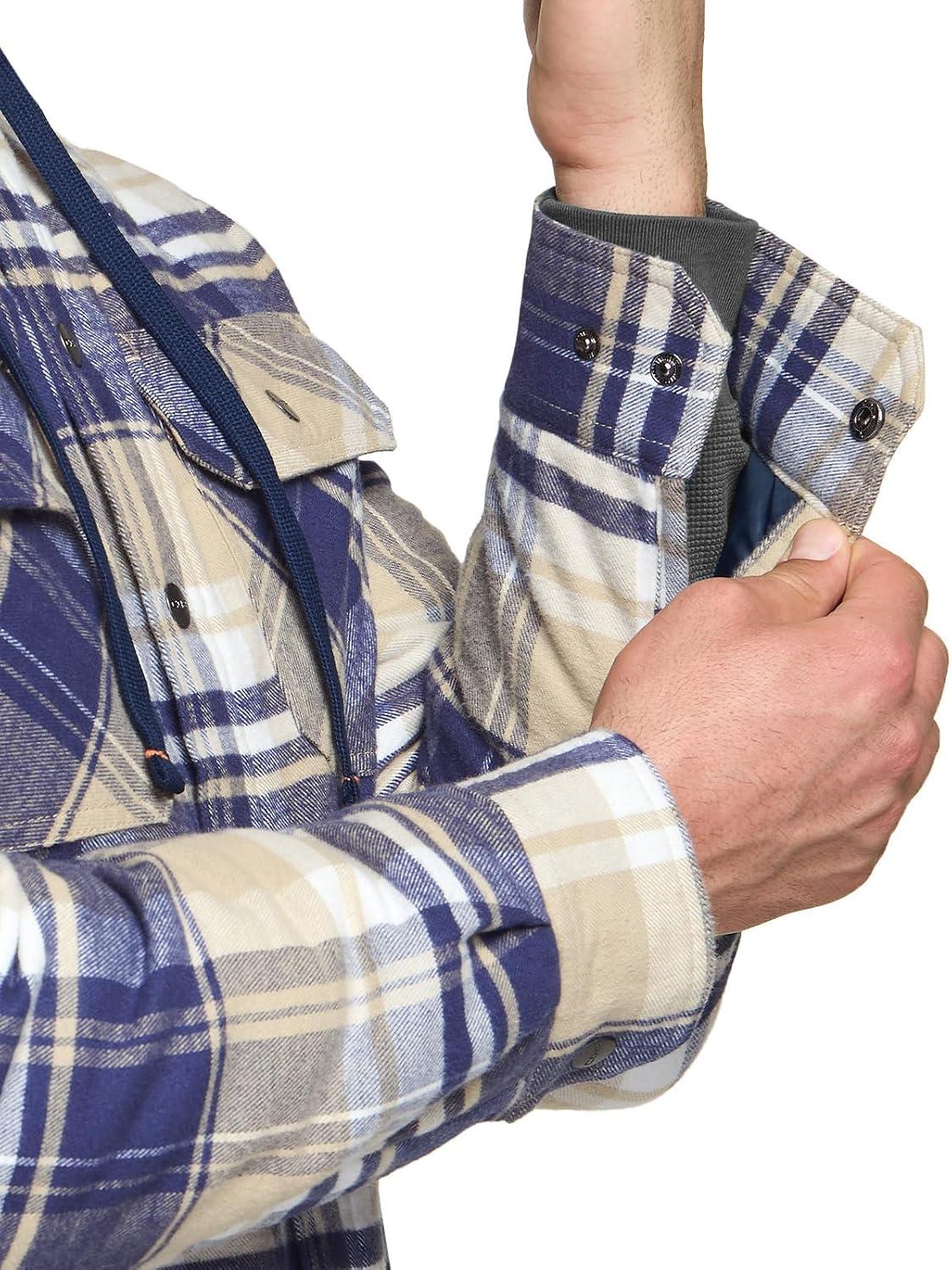 imageCQR Mens Flannel Shirt Jacket Long Sleeve Winter Warm Outdoor Casual Plaid Jacket Coat with PocketsHoodie Basic Sedimentary Blue