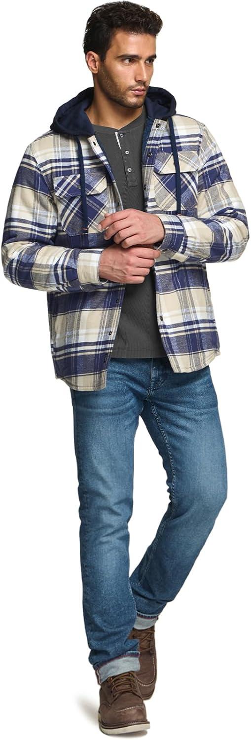 imageCQR Mens Flannel Shirt Jacket Long Sleeve Winter Warm Outdoor Casual Plaid Jacket Coat with PocketsHoodie Basic Sedimentary Blue