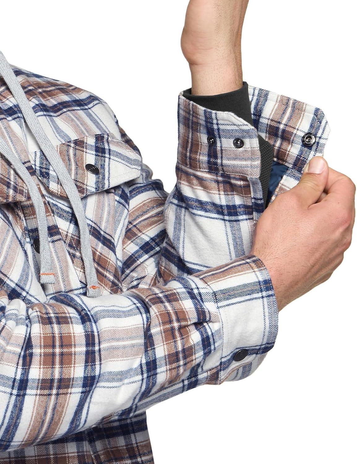 imageCQR Mens Flannel Shirt Jacket Long Sleeve Winter Warm Outdoor Casual Plaid Jacket Coat with PocketsHoodie Basic Wild Rice