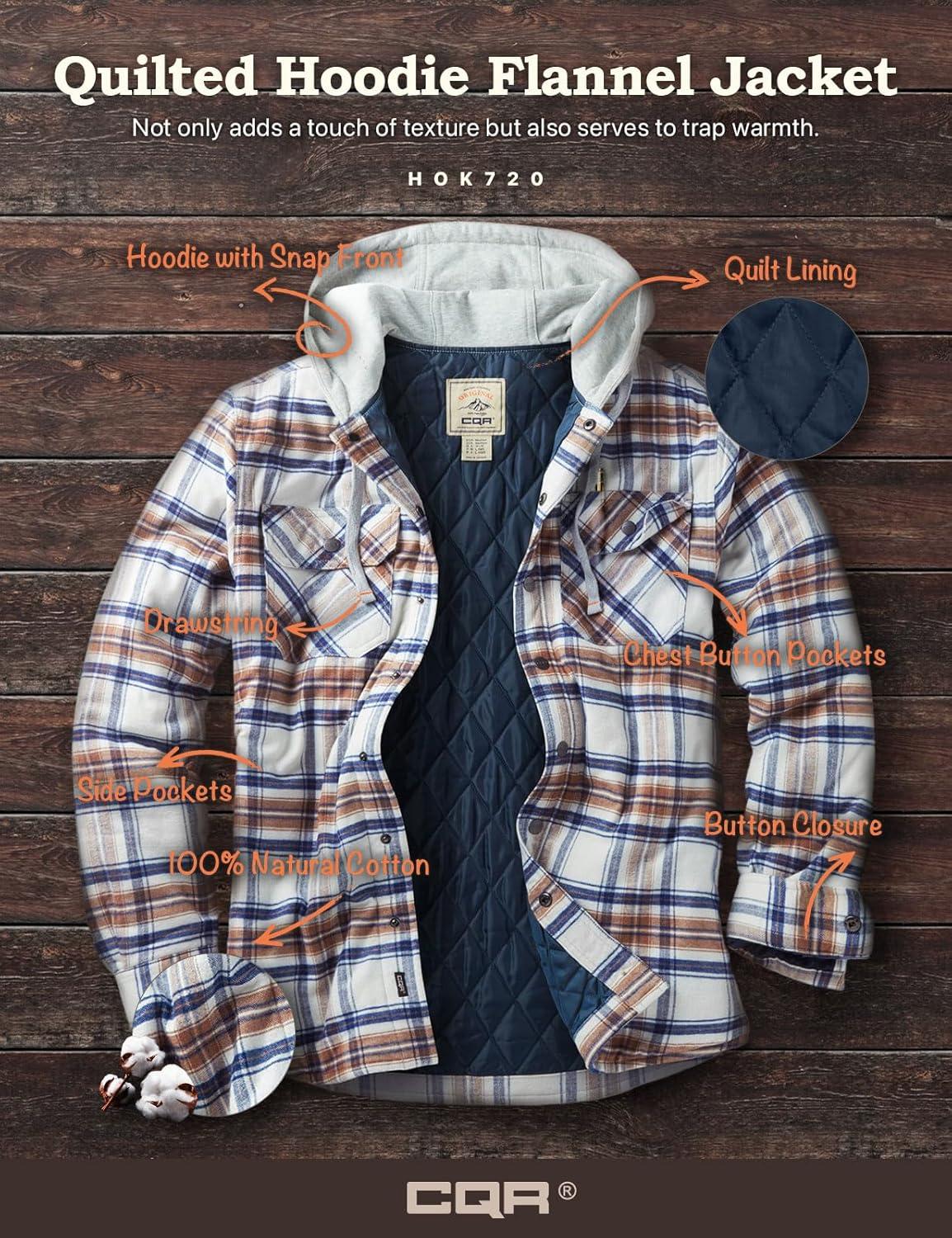 imageCQR Mens Flannel Shirt Jacket Long Sleeve Winter Warm Outdoor Casual Plaid Jacket Coat with PocketsHoodie Basic Wild Rice