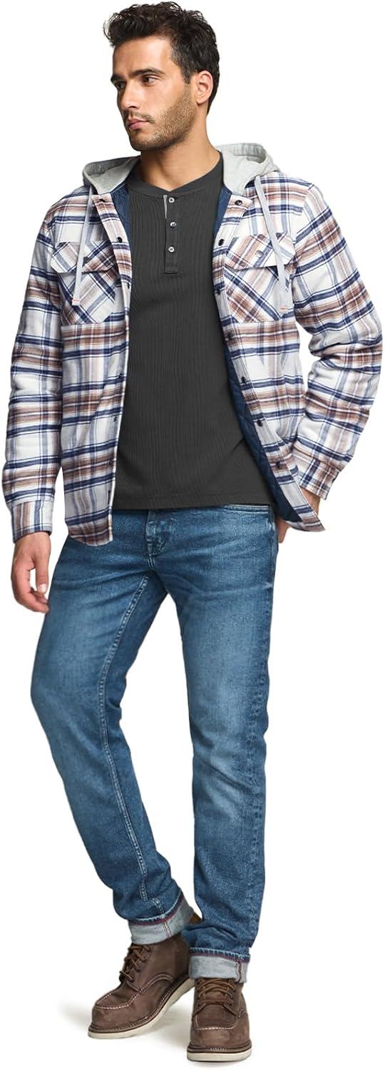 imageCQR Mens Flannel Shirt Jacket Long Sleeve Winter Warm Outdoor Casual Plaid Jacket Coat with PocketsHoodie Basic Wild Rice