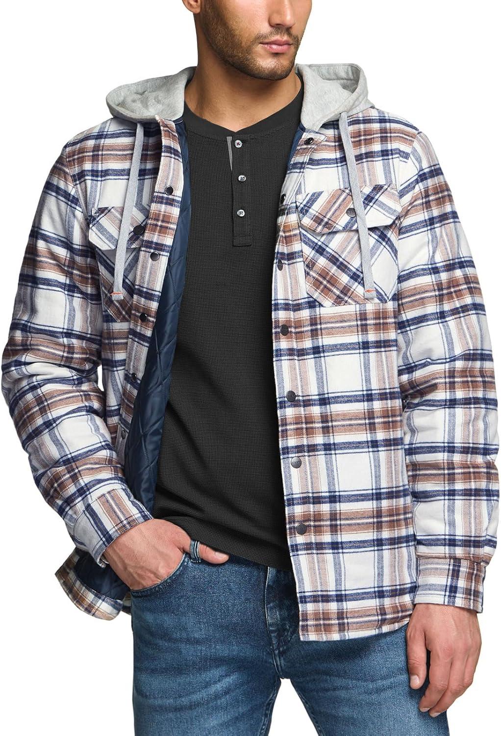 imageCQR Mens Flannel Shirt Jacket Long Sleeve Winter Warm Outdoor Casual Plaid Jacket Coat with PocketsHoodie Basic Wild Rice