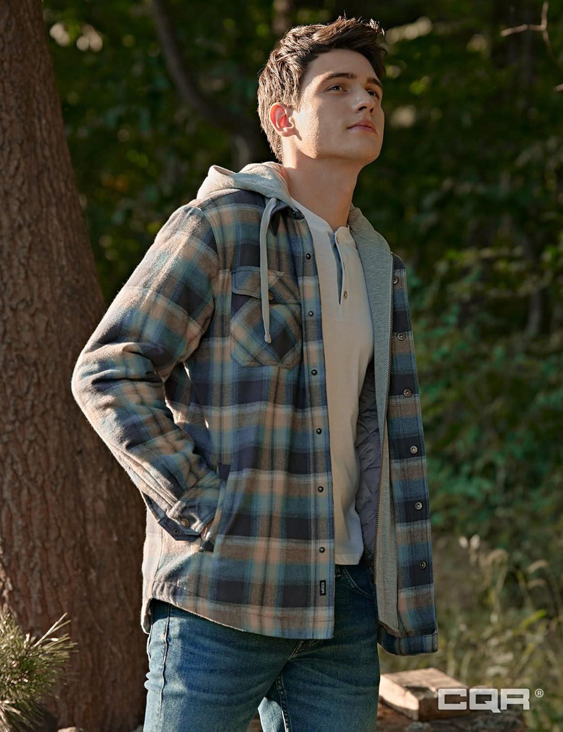 imageCQR Mens Flannel Shirt Jacket Long Sleeve Winter Warm Outdoor Casual Plaid Jacket Coat with PocketsHoodie Plaid Oceansand