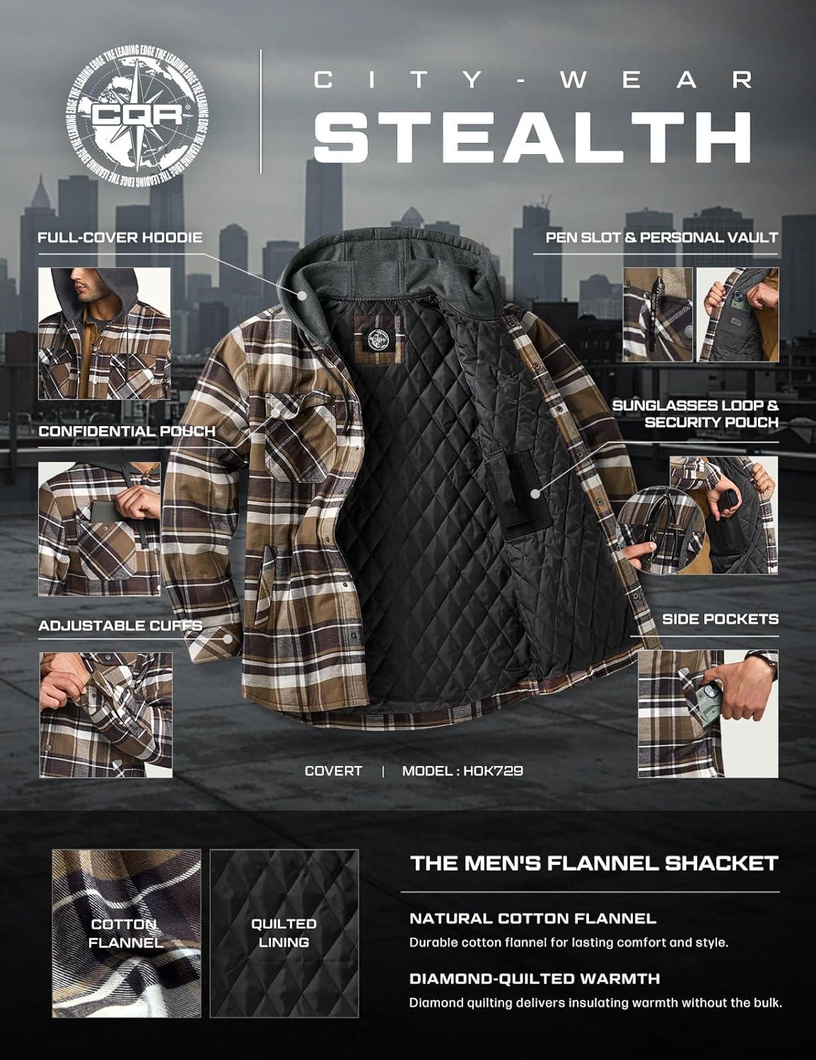 imageCQR Mens Flannel Shirt Jacket Long Sleeve Winter Warm Outdoor Casual Plaid Jacket Coat with PocketsHoodie Stealth Aged Barrel