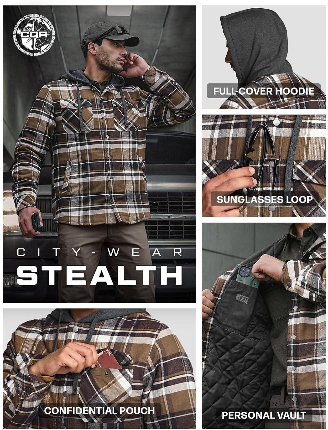 imageCQR Mens Flannel Shirt Jacket Long Sleeve Winter Warm Outdoor Casual Plaid Jacket Coat with PocketsHoodie Stealth Aged Barrel