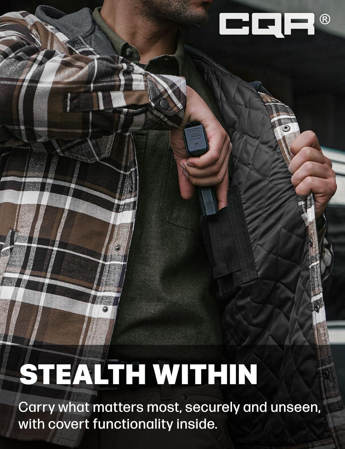 imageCQR Mens Flannel Shirt Jacket Long Sleeve Winter Warm Outdoor Casual Plaid Jacket Coat with PocketsHoodie Stealth Aged Barrel