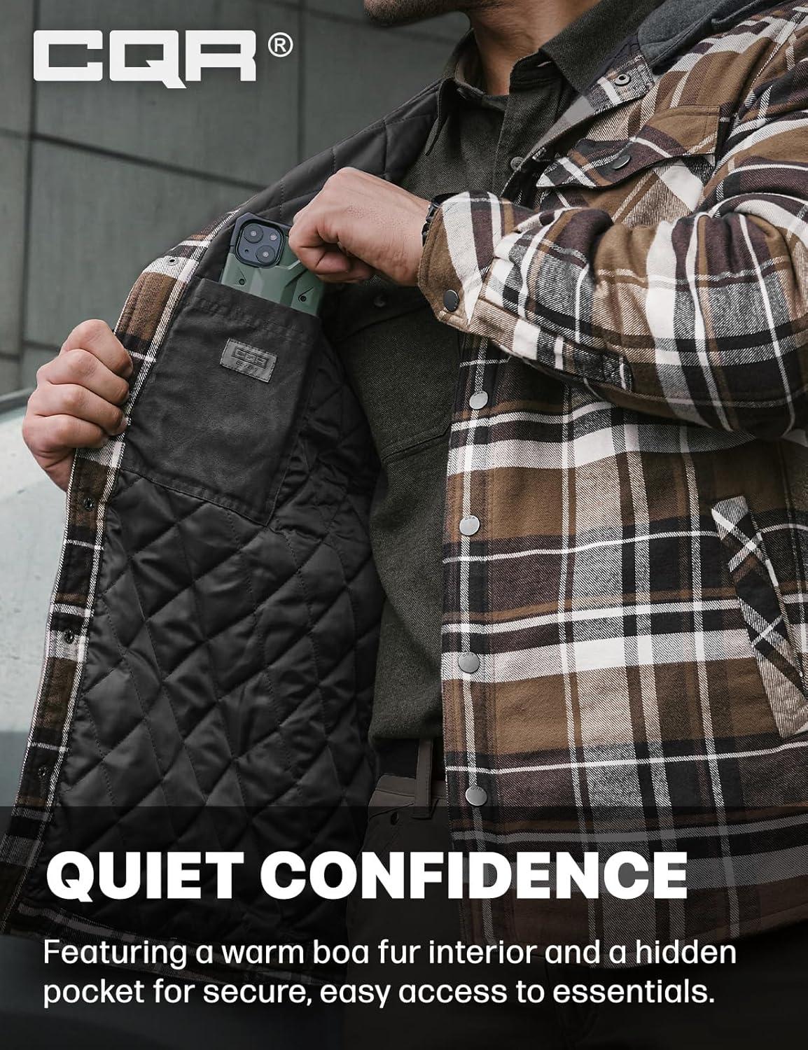 imageCQR Mens Flannel Shirt Jacket Long Sleeve Winter Warm Outdoor Casual Plaid Jacket Coat with PocketsHoodie Stealth Aged Barrel