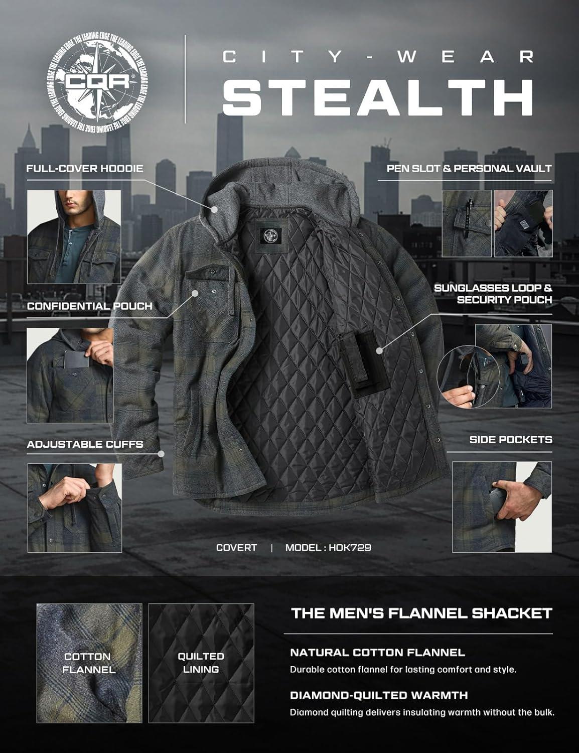 imageCQR Mens Flannel Shirt Jacket Long Sleeve Winter Warm Outdoor Casual Plaid Jacket Coat with PocketsHoodie Stealth Amazon Grey