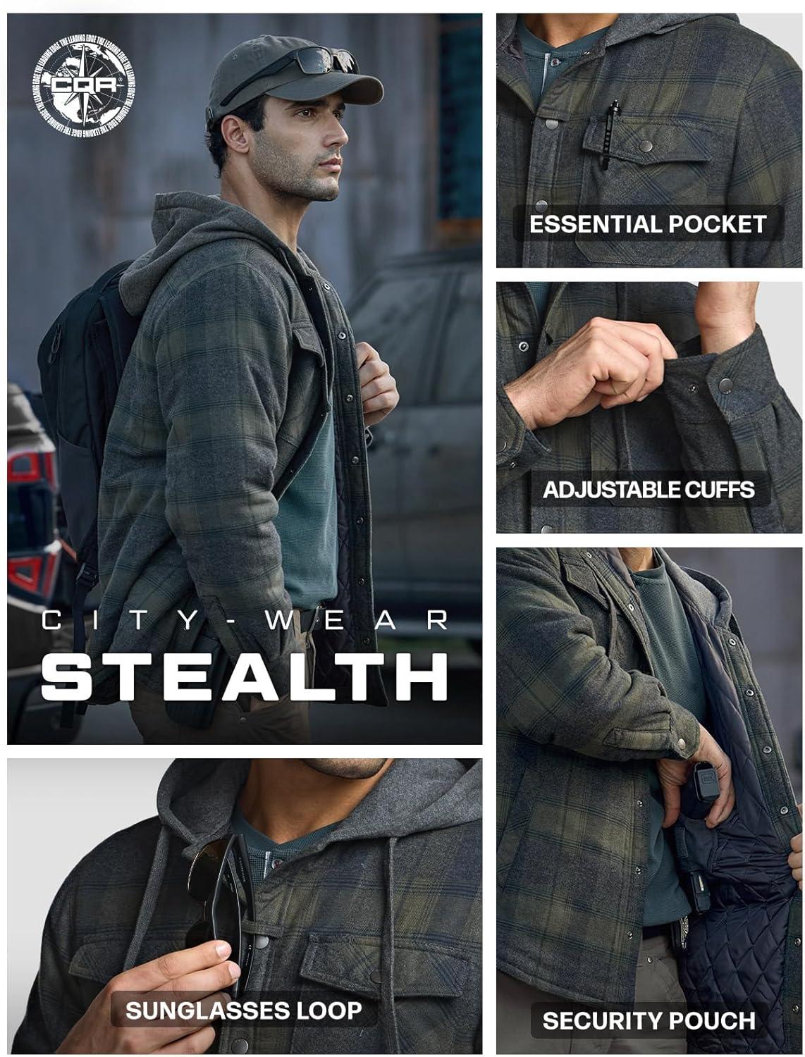 imageCQR Mens Flannel Shirt Jacket Long Sleeve Winter Warm Outdoor Casual Plaid Jacket Coat with PocketsHoodie Stealth Amazon Grey