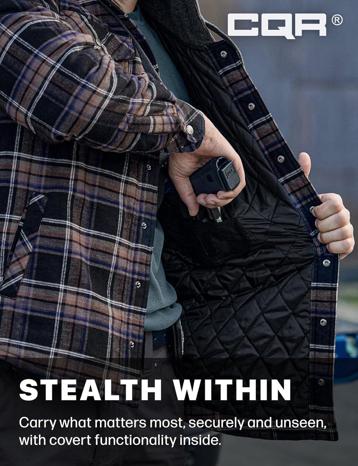 imageCQR Mens Flannel Shirt Jacket Long Sleeve Winter Warm Outdoor Casual Plaid Jacket Coat with PocketsHoodie Stealth Coal Miner