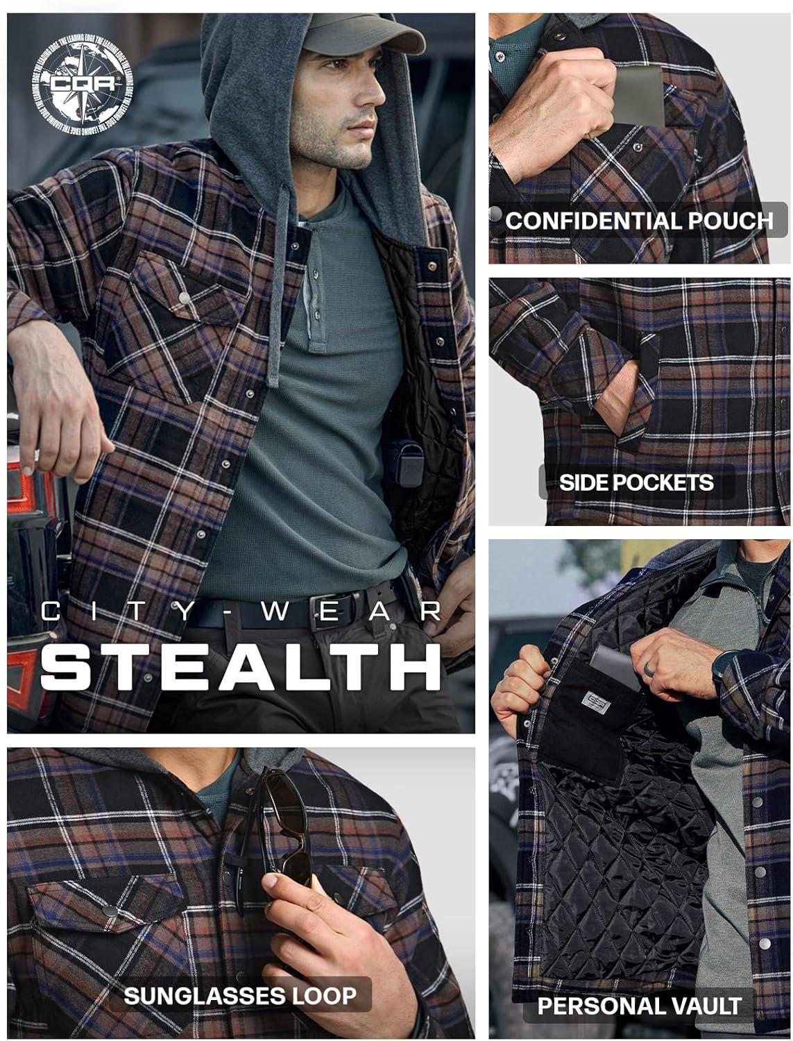 imageCQR Mens Flannel Shirt Jacket Long Sleeve Winter Warm Outdoor Casual Plaid Jacket Coat with PocketsHoodie Stealth Coal Miner