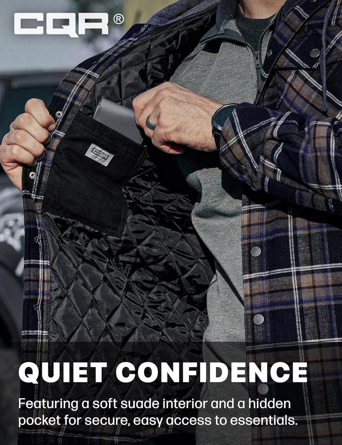 imageCQR Mens Flannel Shirt Jacket Long Sleeve Winter Warm Outdoor Casual Plaid Jacket Coat with PocketsHoodie Stealth Coal Miner