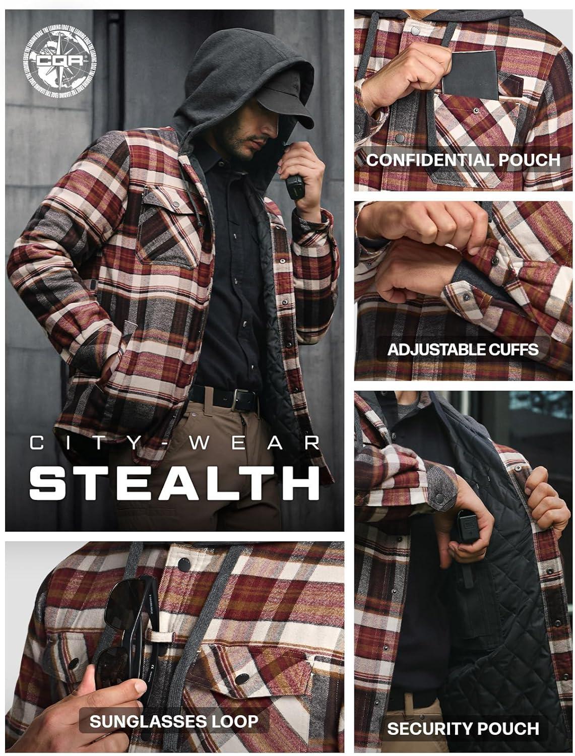 imageCQR Mens Flannel Shirt Jacket Long Sleeve Winter Warm Outdoor Casual Plaid Jacket Coat with PocketsHoodie Stealth Folk Tale