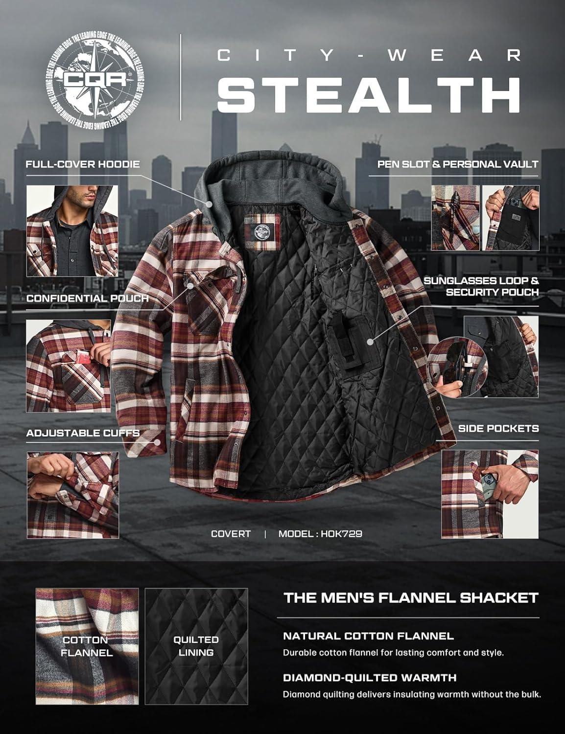 imageCQR Mens Flannel Shirt Jacket Long Sleeve Winter Warm Outdoor Casual Plaid Jacket Coat with PocketsHoodie Stealth Folk Tale