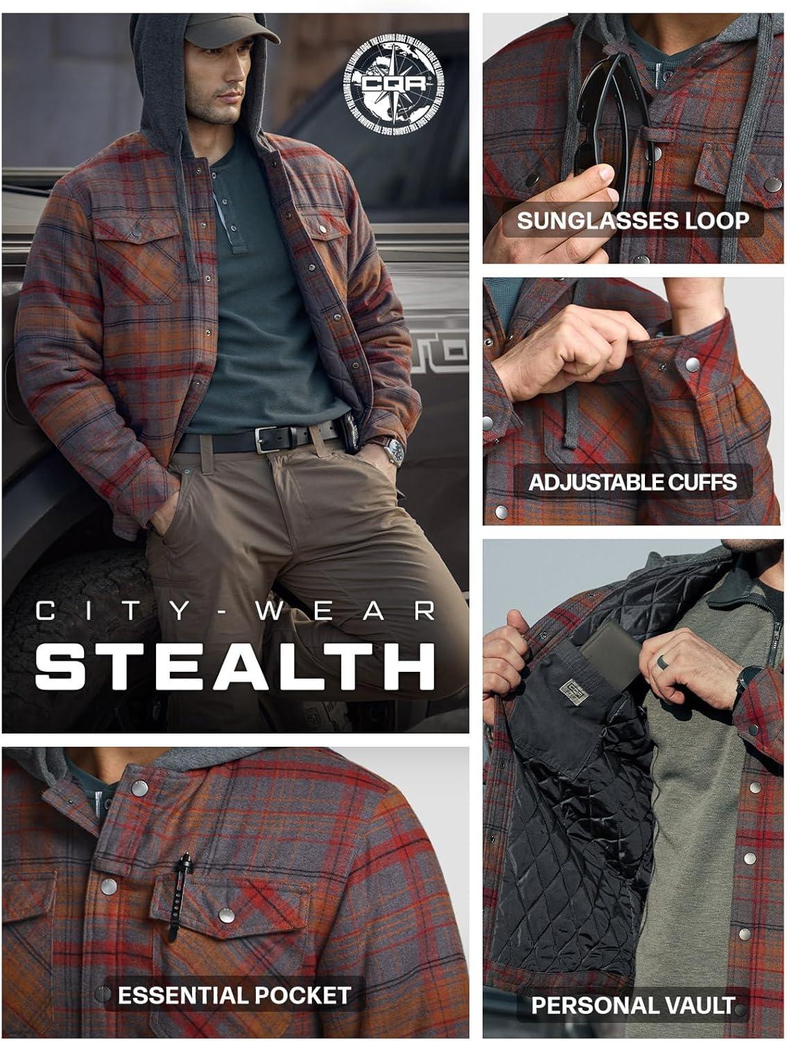 imageCQR Mens Flannel Shirt Jacket Long Sleeve Winter Warm Outdoor Casual Plaid Jacket Coat with PocketsHoodie Stealth Harvest