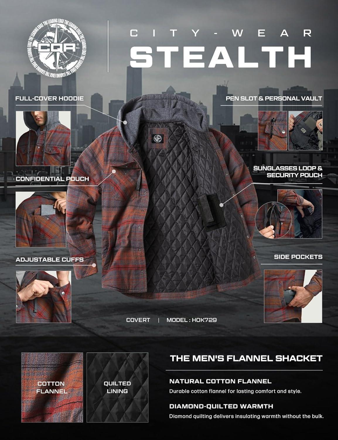 imageCQR Mens Flannel Shirt Jacket Long Sleeve Winter Warm Outdoor Casual Plaid Jacket Coat with PocketsHoodie Stealth Harvest