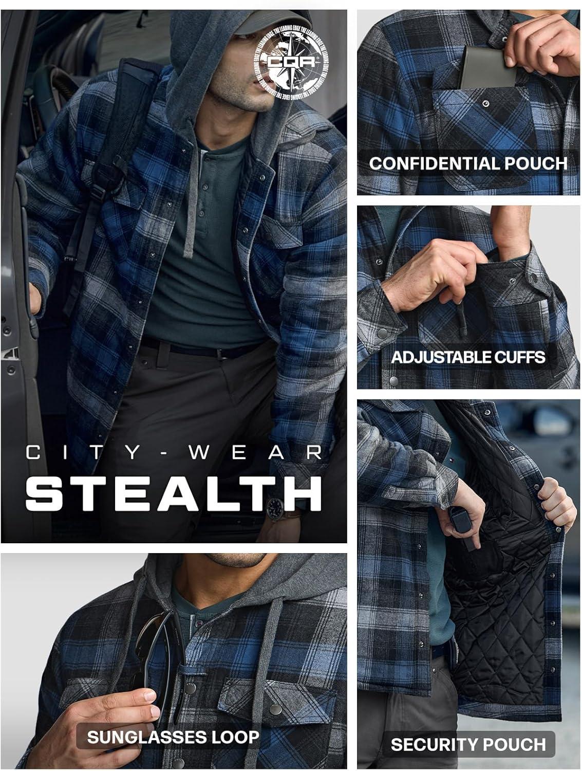imageCQR Mens Flannel Shirt Jacket Long Sleeve Winter Warm Outdoor Casual Plaid Jacket Coat with PocketsHoodie Stealth Night Sky