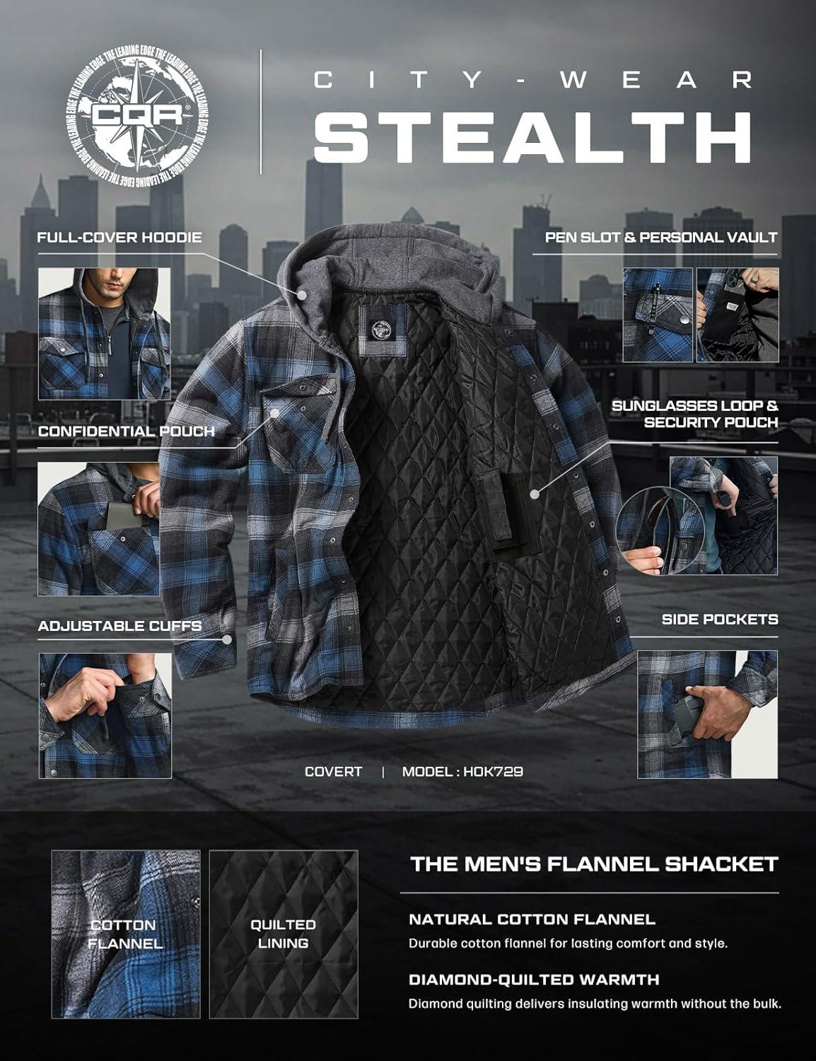 imageCQR Mens Flannel Shirt Jacket Long Sleeve Winter Warm Outdoor Casual Plaid Jacket Coat with PocketsHoodie Stealth Night Sky