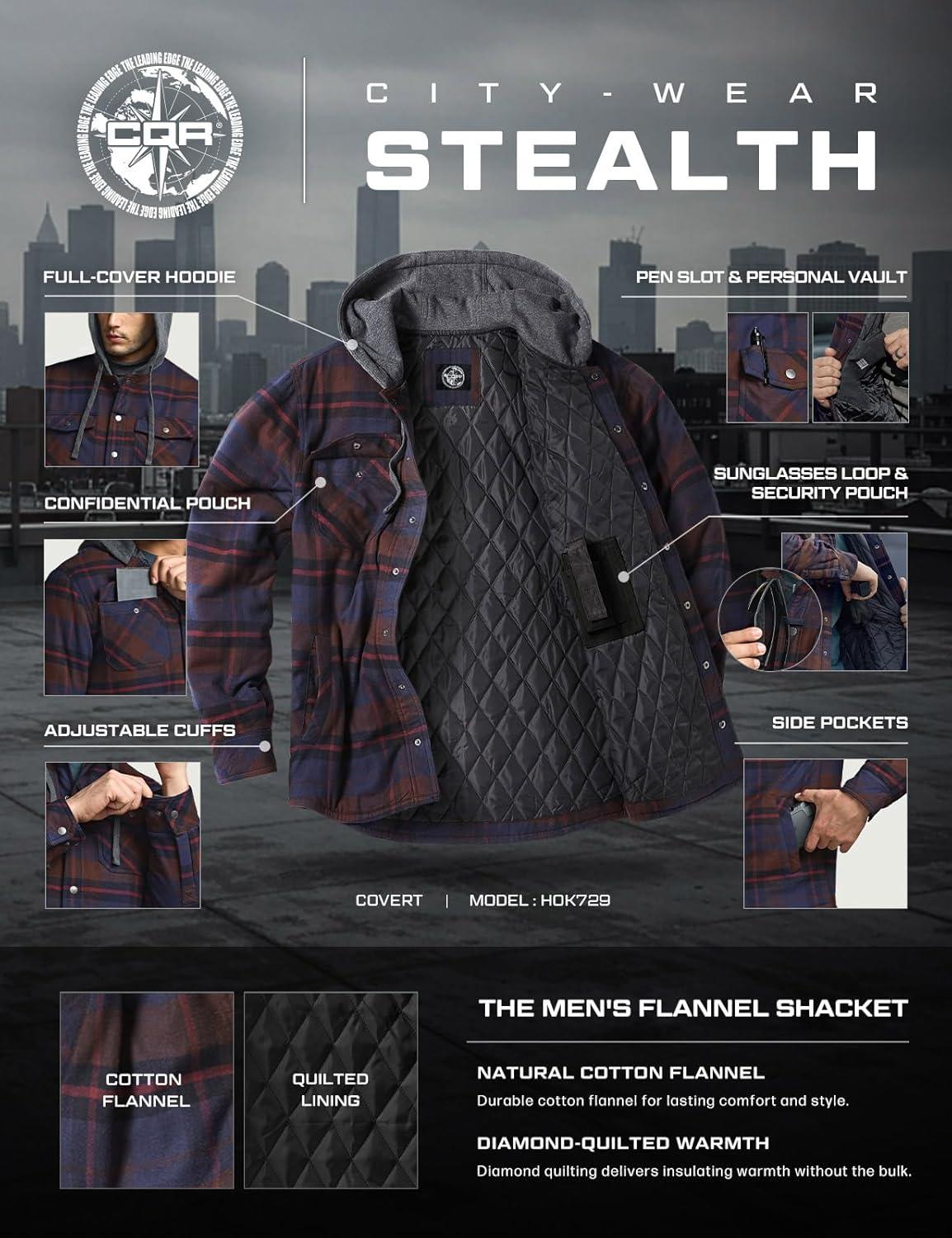 imageCQR Mens Flannel Shirt Jacket Long Sleeve Winter Warm Outdoor Casual Plaid Jacket Coat with PocketsHoodie Stealth Woods Night