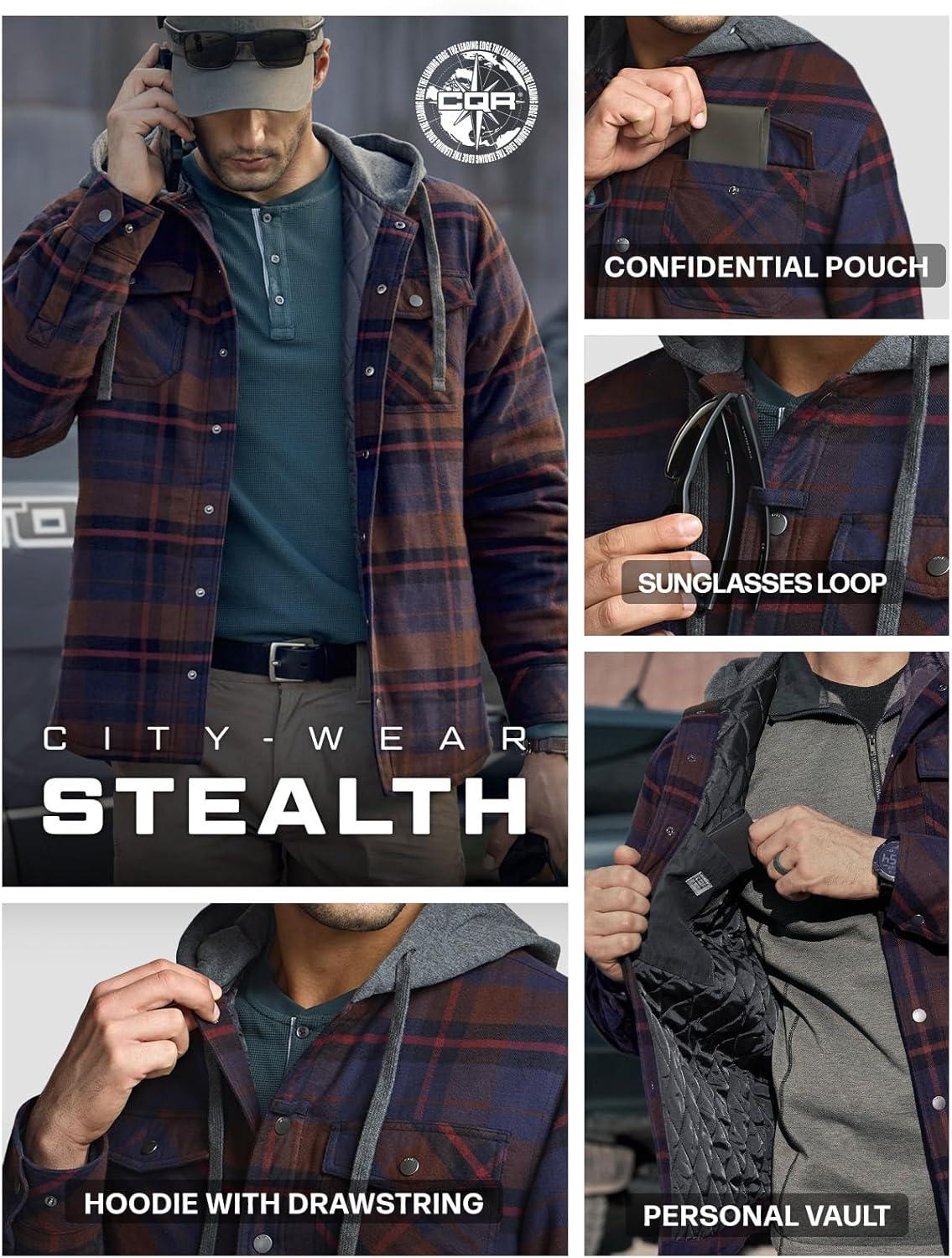 imageCQR Mens Flannel Shirt Jacket Long Sleeve Winter Warm Outdoor Casual Plaid Jacket Coat with PocketsHoodie Stealth Woods Night