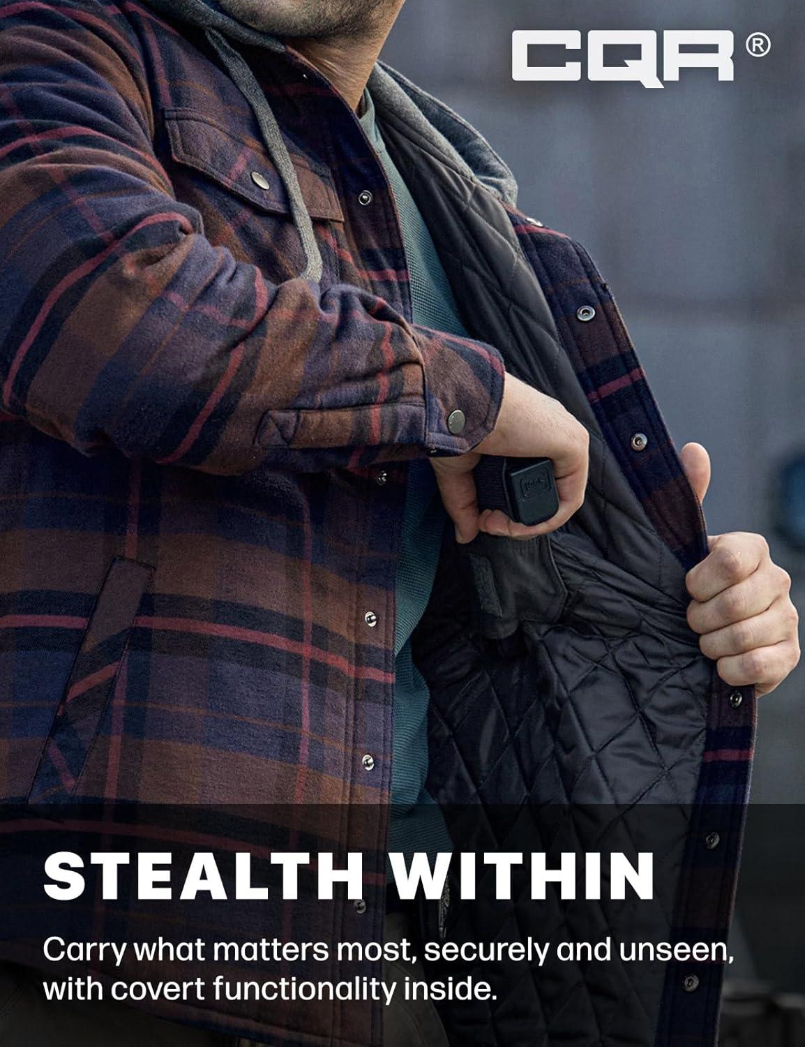 imageCQR Mens Flannel Shirt Jacket Long Sleeve Winter Warm Outdoor Casual Plaid Jacket Coat with PocketsHoodie Stealth Woods Night