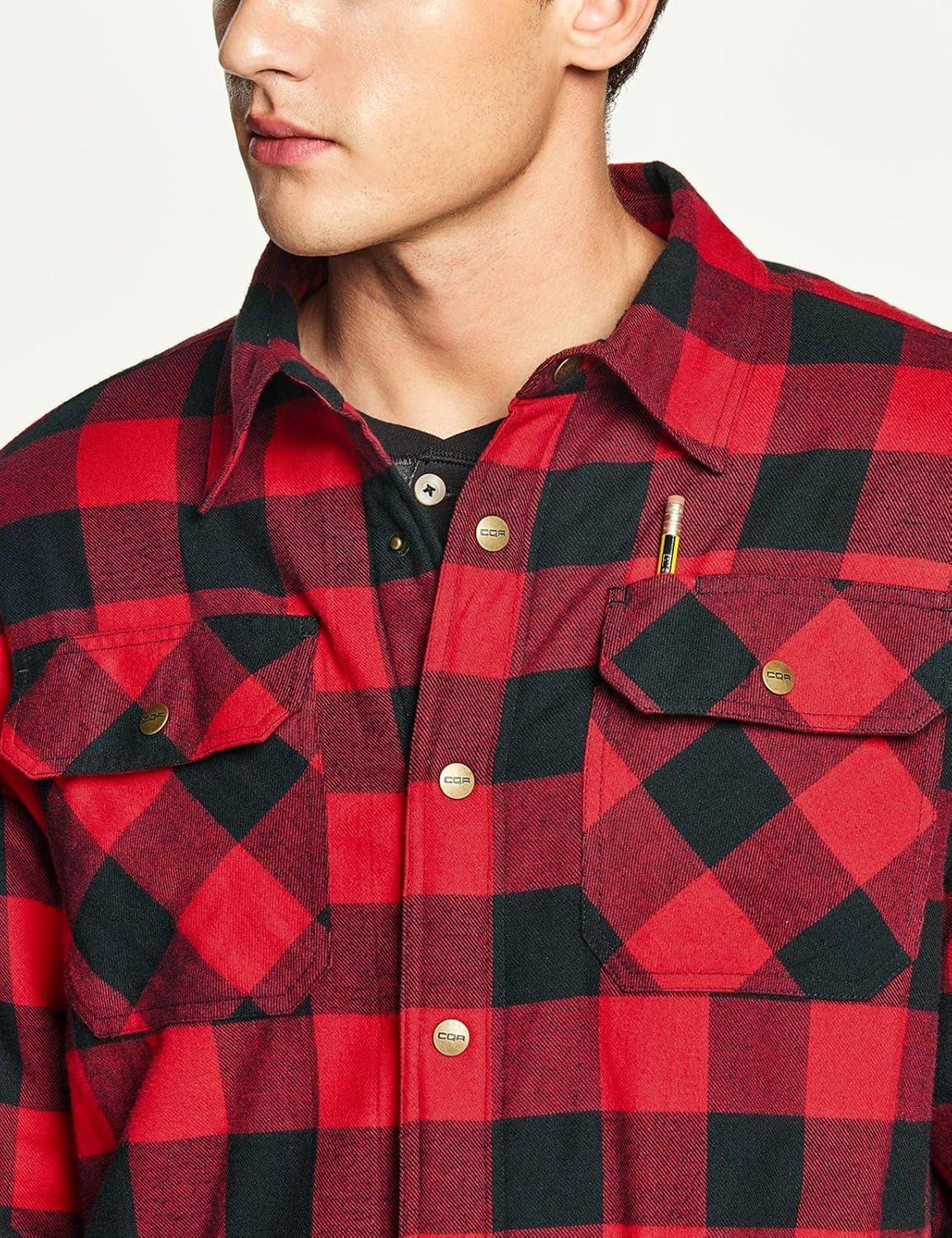 imageCQR Mens Flannel Shirt Jacket Long Sleeve Winter Warm Outdoor Casual Plaid Jacket Coat with PocketsSherpa Check Classic Red