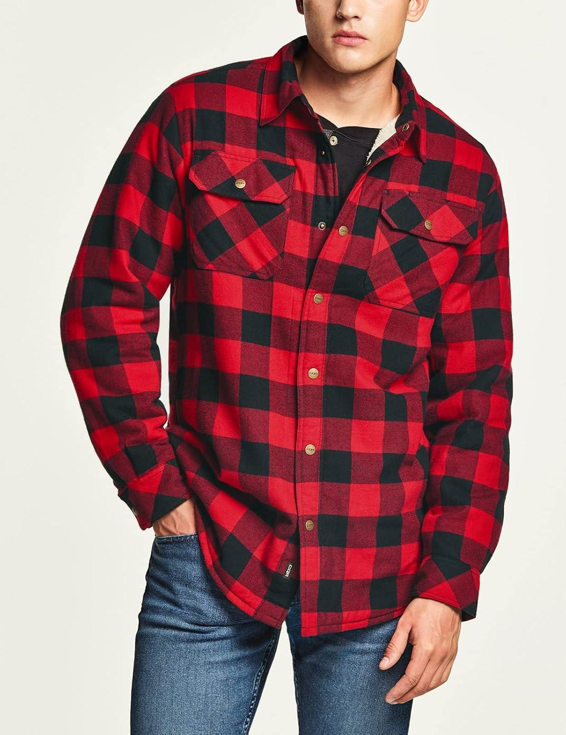 imageCQR Mens Flannel Shirt Jacket Long Sleeve Winter Warm Outdoor Casual Plaid Jacket Coat with PocketsSherpa Check Classic Red