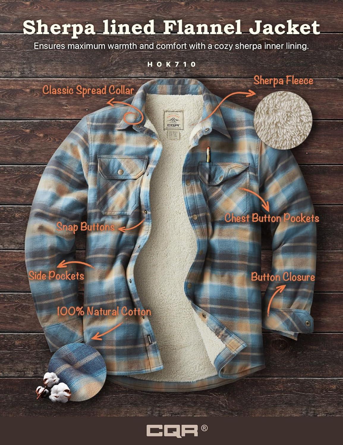 imageCQR Mens Flannel Shirt Jacket Long Sleeve Winter Warm Outdoor Casual Plaid Jacket Coat with PocketsSherpa Check Seashore