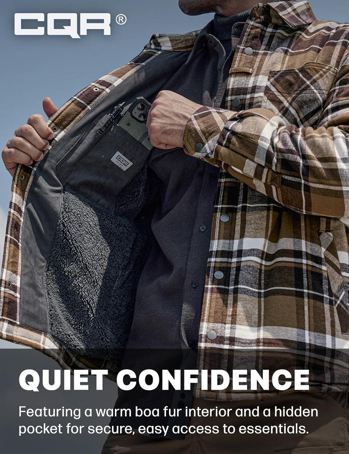 imageCQR Mens Flannel Shirt Jacket Long Sleeve Winter Warm Outdoor Casual Plaid Jacket Coat with PocketsSherpa Stealth Aged Barrel